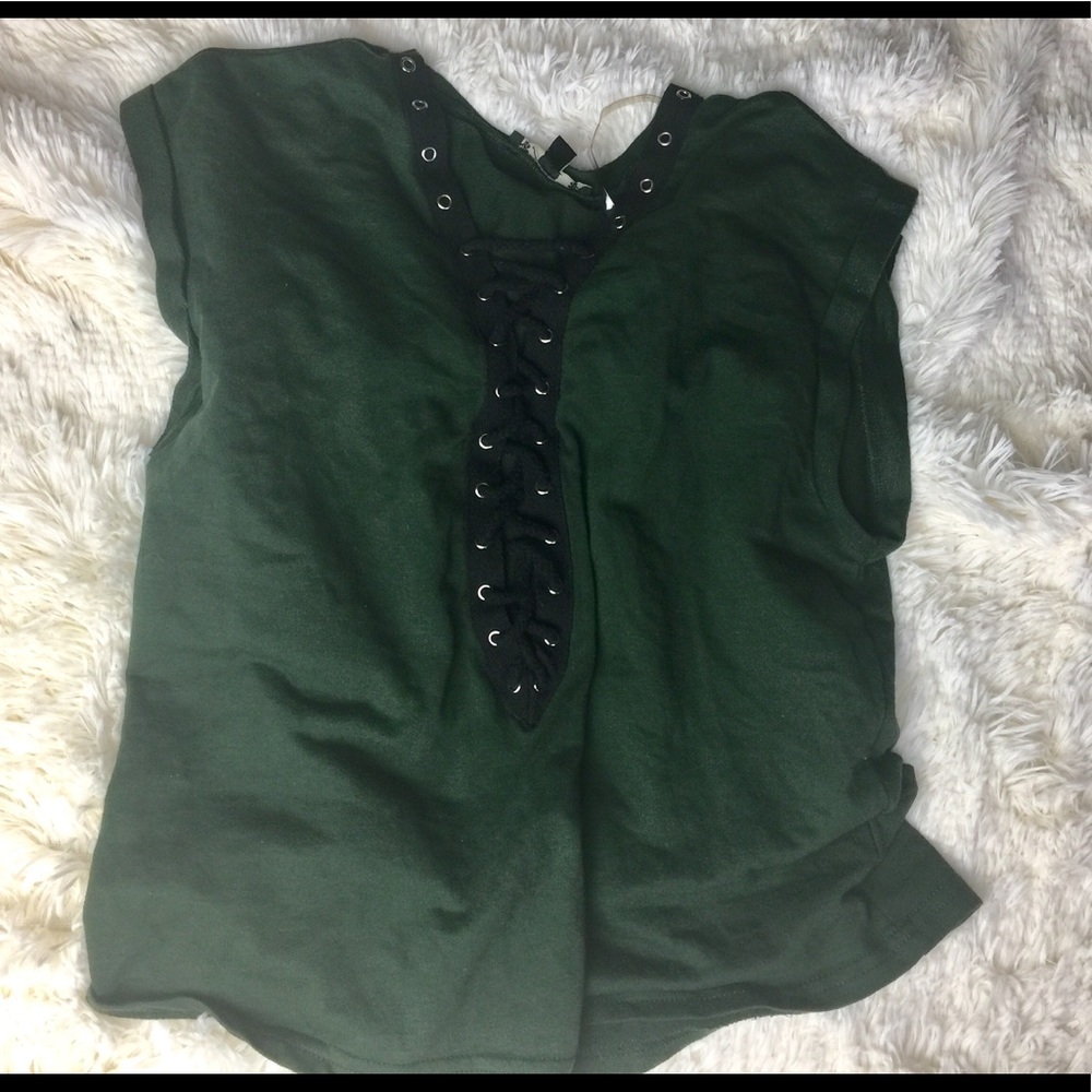 Lace up front green top